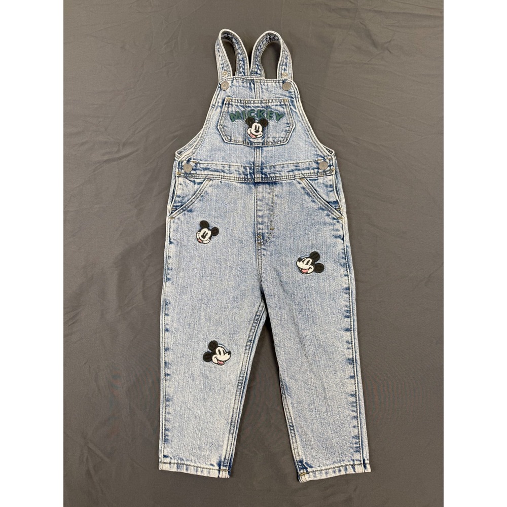 HM Disney Mickey Mouse Kids Light Wash Denim Overalls Blue 2T Acid Wash Bibs